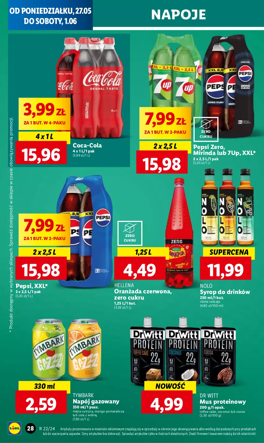 Gazetka promocyjna Lidl - GAZETKA - ważna 27.05 do 29.05.2024 - strona 30 - produkty: 7up, Coca-Cola, Hellena, Mango, Mięta, Mirinda, Mus, Napój, Napój gazowany, Napoje, Oranżada, Pepsi, Syrop, Tymbark