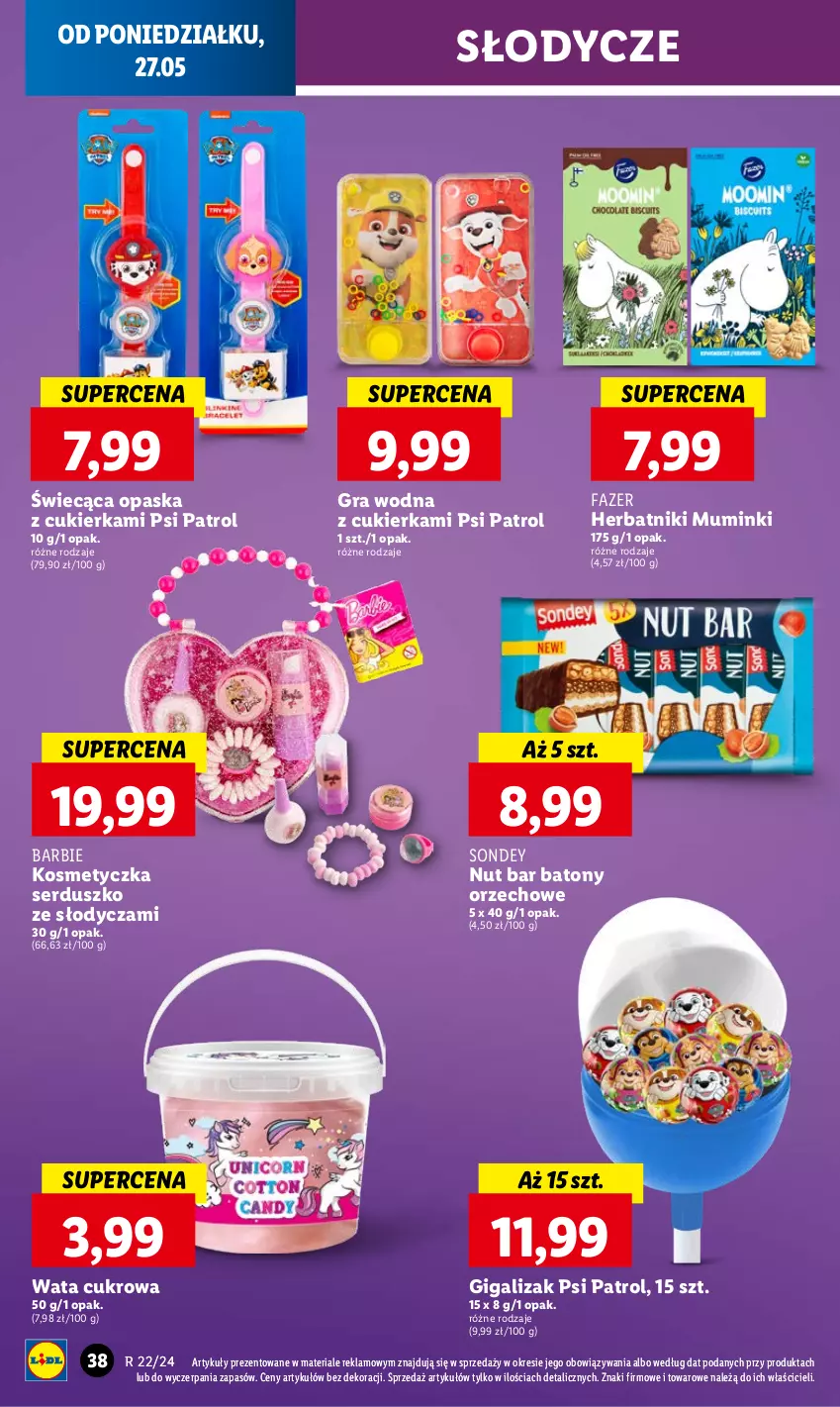 Gazetka promocyjna Lidl - GAZETKA - ważna 27.05 do 29.05.2024 - strona 42 - produkty: Barbie, Baton, Cukier, Fa, Gra, Herbatniki, Kosmetyczka, Opaska, Psi Patrol, Ser, Wata cukrowa