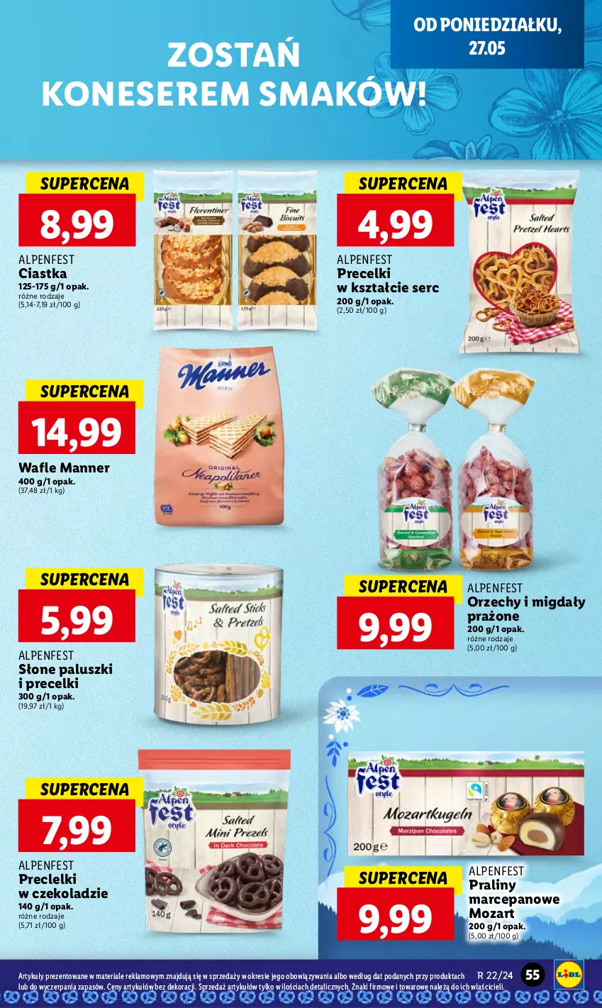 Gazetka promocyjna Lidl - GAZETKA - ważna 27.05 do 29.05.2024 - strona 61 - produkty: Ciastka, Migdały, Praliny, Precelki, Precle, Ser, Słone paluszki, Wafle