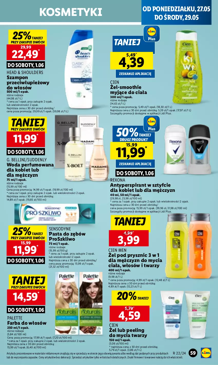 Gazetka promocyjna Lidl - GAZETKA - ważna 27.05 do 29.05.2024 - strona 65 - produkty: Antyperspirant, Bell, Fa, Farba do włosów, Palette, Pasta do zębów, Peeling, Perfum, Rexona, Sensodyne, Smoothie, Szampon, Woda, Woda perfumowana