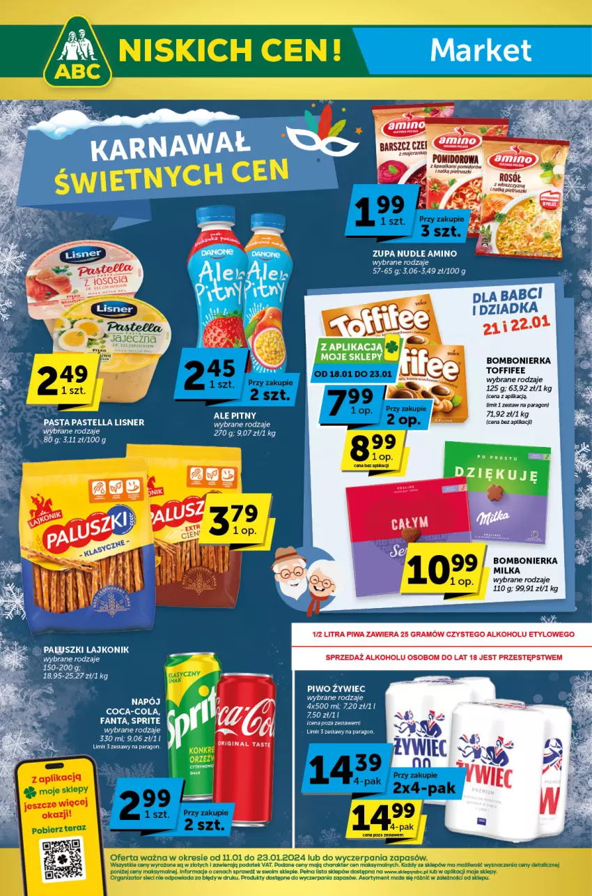 Gazetka promocyjna ABC - ważna 11.01 do 23.01.2024 - strona 1 - produkty: Fa, Fanta, Gin, Lajkonik, Milka, Sprite, Toffifee, Zupa