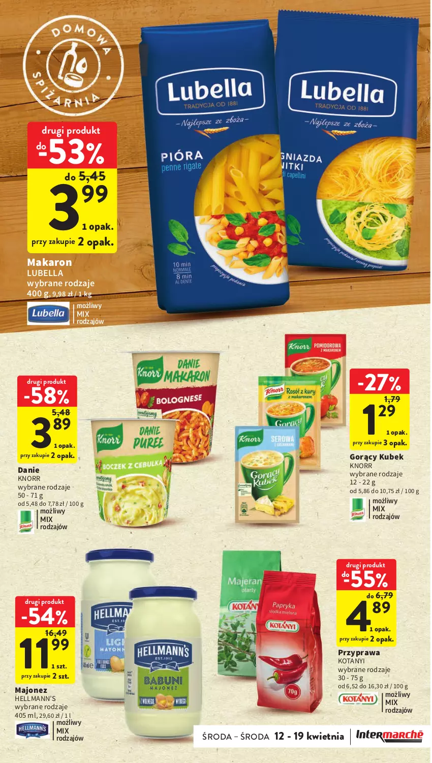 Gazetka promocyjna Intermarche - Gazetka Intermarche - ważna 12.04 do 19.04.2023 - strona 20 - produkty: Bell, Bella, Hellmann’s, Knorr, Kubek, Lubella, Majonez, Makaron