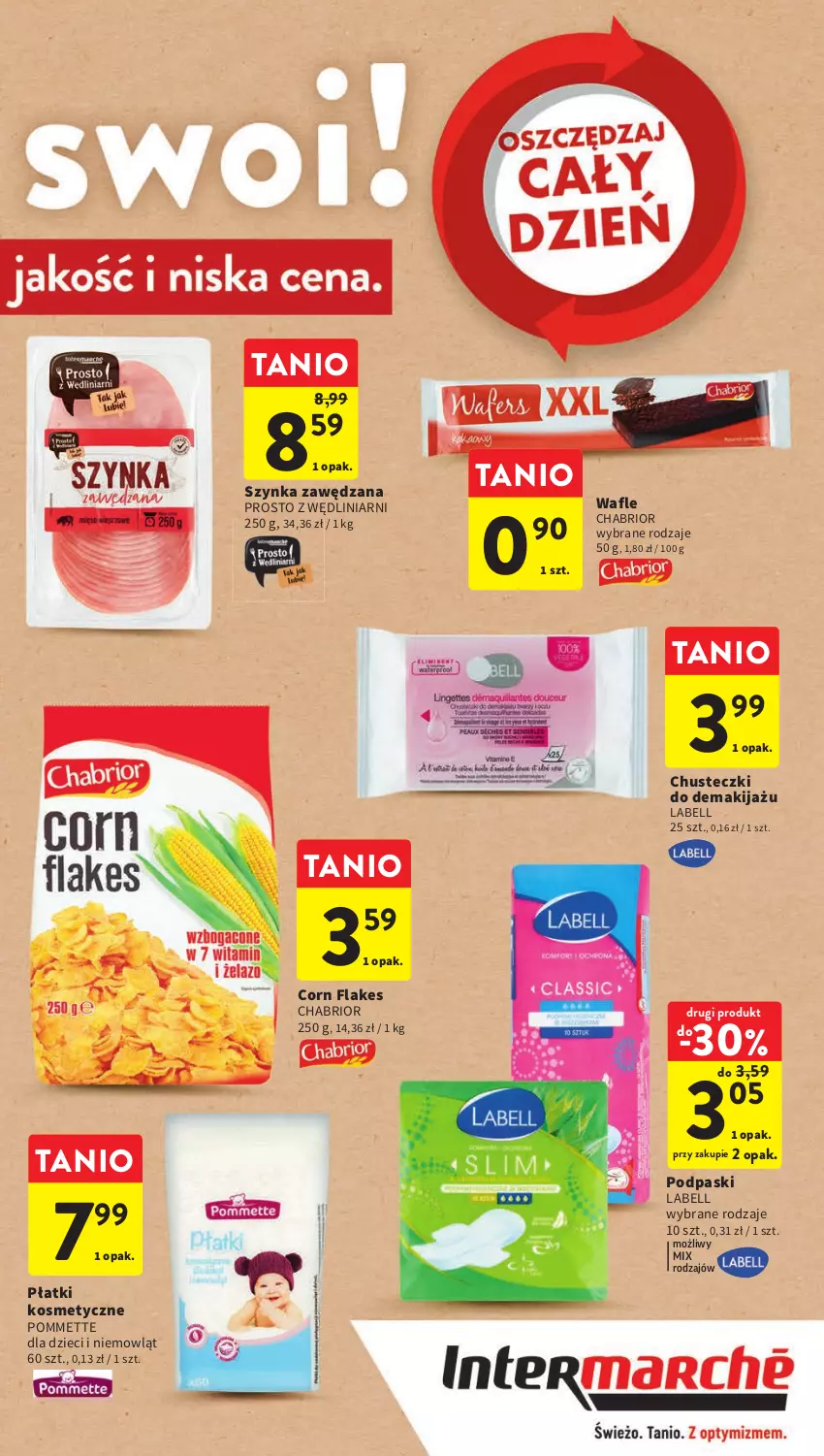 Gazetka promocyjna Intermarche - Gazetka Intermarche - ważna 12.04 do 19.04.2023 - strona 25 - produkty: Bell, Chabrior, Chusteczki, Corn flakes, Dzieci, Makijaż, Płatki kosmetyczne, Podpaski, Szynka, Wafle