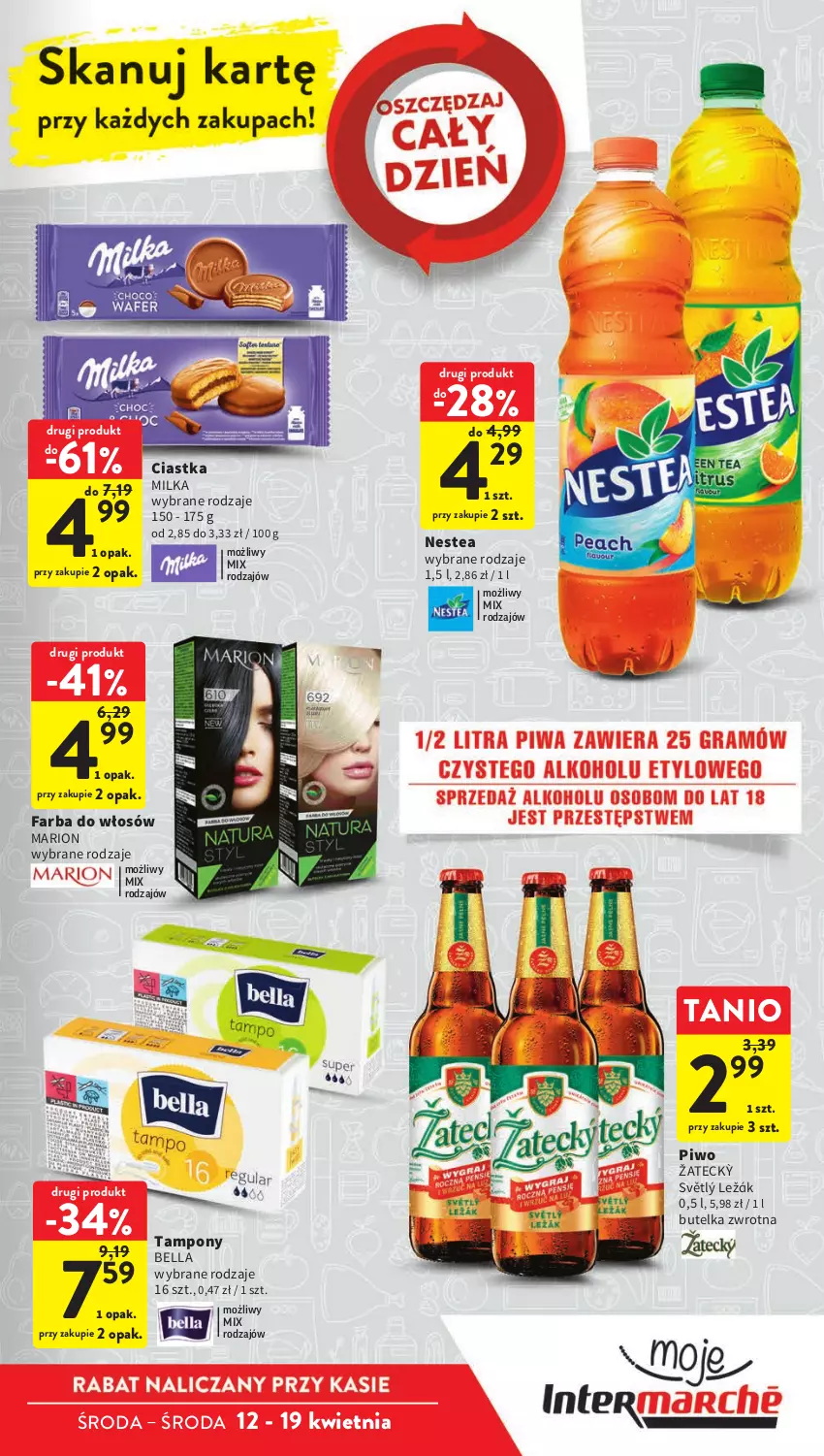 Gazetka promocyjna Intermarche - Gazetka Intermarche - ważna 12.04 do 19.04.2023 - strona 5 - produkty: Bell, Bella, Ciastka, Fa, Farba do włosów, Milka, Nestea, Piwo, Tampony