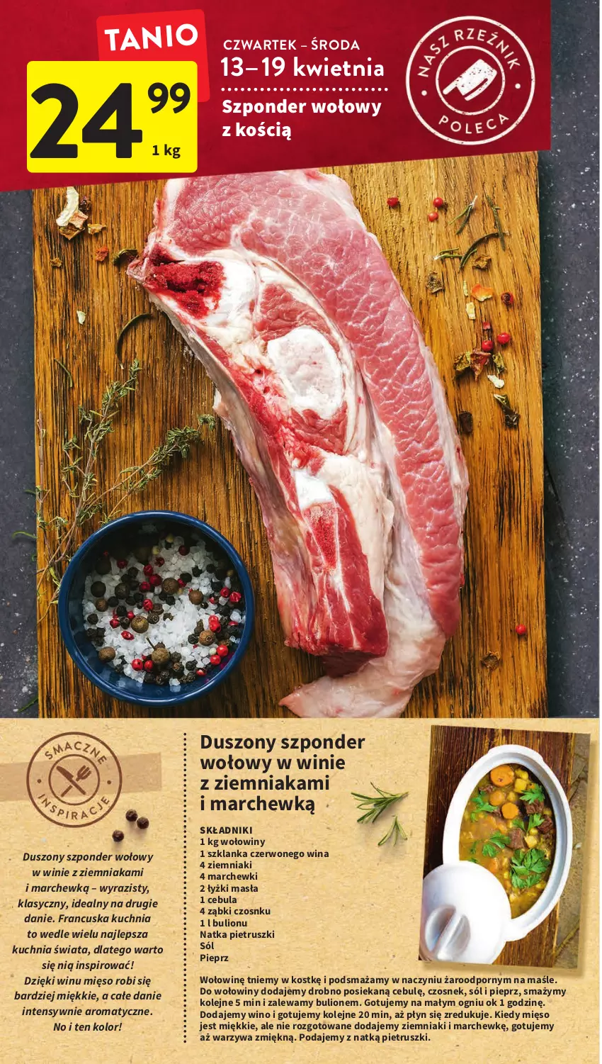 Gazetka promocyjna Intermarche - Gazetka Intermarche - ważna 12.04 do 19.04.2023 - strona 8 - produkty: Bulion, Cebula, Czosnek, Kuchnia, Lion, Mięso, Natka pietruszki, Olej, Pieprz, Por, Sól, Szklanka, Szponder wołowy, Warzywa, Wino, Ziemniaki