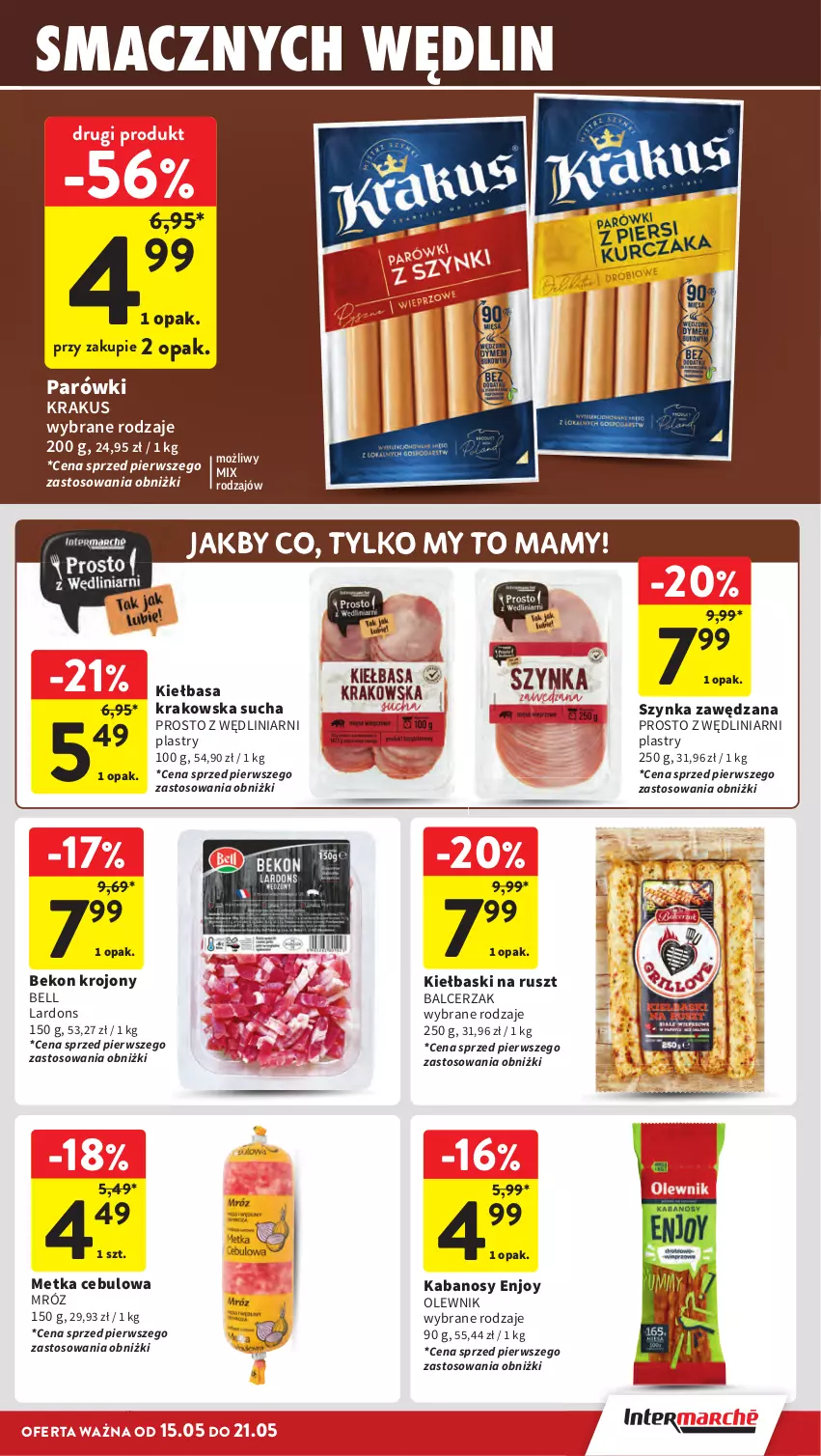 Gazetka promocyjna Intermarche - Gazetka Intermarche - ważna 15.05 do 21.05.2025 - strona 15 - produkty: Beko, Bell, Kabanos, Kiełbasa, Kiełbasa krakowska, Krakus, Olewnik, Parówki, Szynka