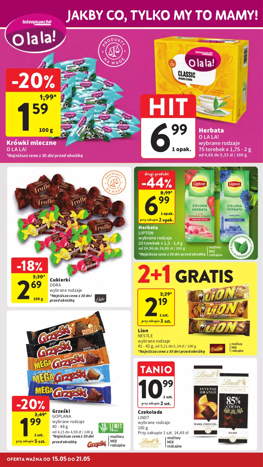 Gazetka promocyjna Intermarche - Gazetka Intermarche - ważna 15.05 do 21.05.2025 - strona 24 - produkty: Cukier, Cukierki, Czekolada, Goplana, Gra, Grześki, Herbata, Krówki mleczne, LANA, Lindt, Lion, Lipton