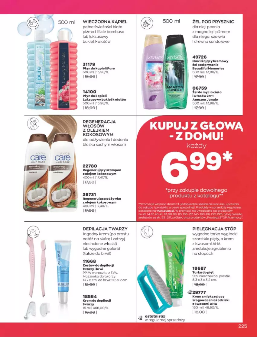 Gazetka promocyjna Avon - Katalog Avon 9/2021 kampania wrzesień - ważna 01.09 do 30.09.2021 - strona 221 - produkty: Bukiet, Kokos, Krem do depilacji, Maszynka, Odżywka, Olej, Płyn do kąpieli, Pur, Sandał, Szampon, Szynka, Tarka, Top, Wasa