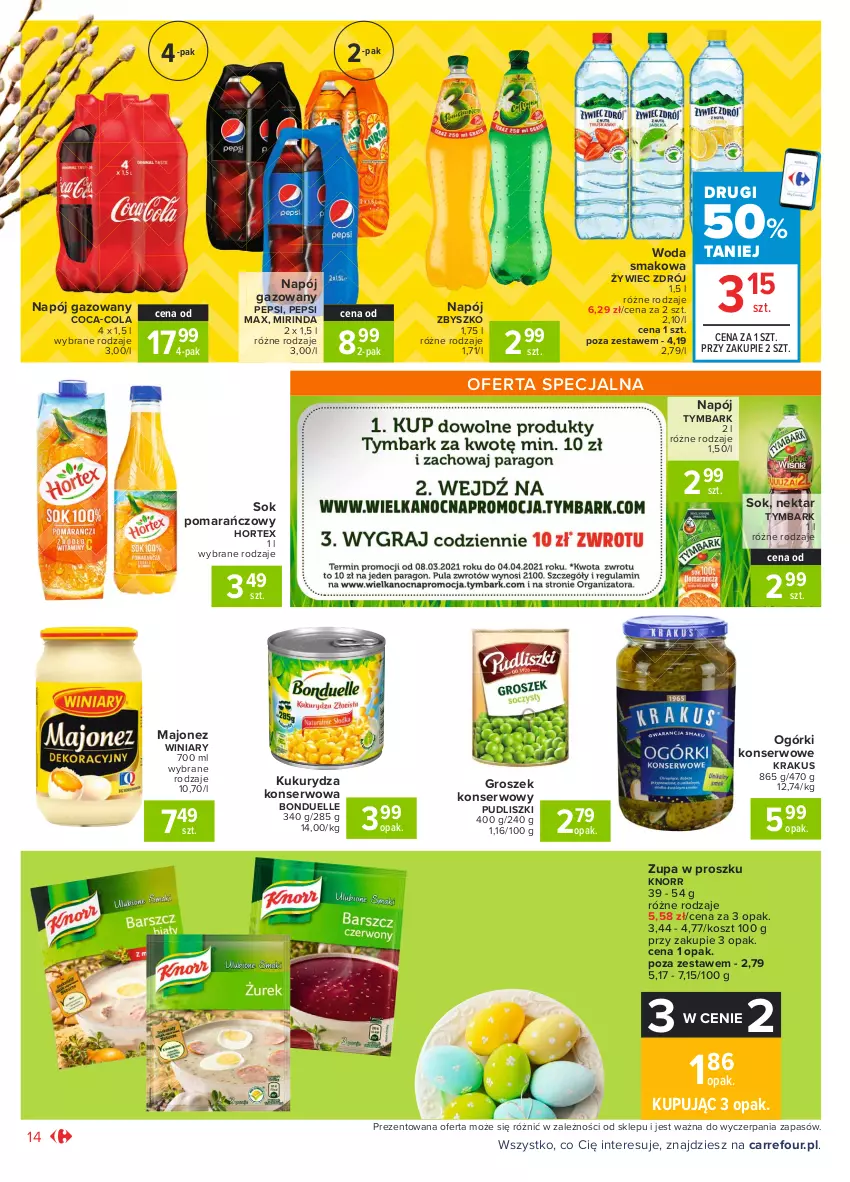 Gazetka promocyjna Carrefour - Gazetka Market - ważna 28.03 do 03.04.2021 - strona 14 - produkty: Bonduelle, Coca-Cola, Groszek, Hortex, Knorr, Kosz, Krakus, Kukurydza, Kukurydza konserwowa, Majonez, Mirinda, Napój, Napój gazowany, Nektar, Ogórki konserwowe, Pepsi, Pepsi max, Pudliszki, Ser, Sok, Sok pomarańczowy, Tymbark, Winiary, Woda, Zupa