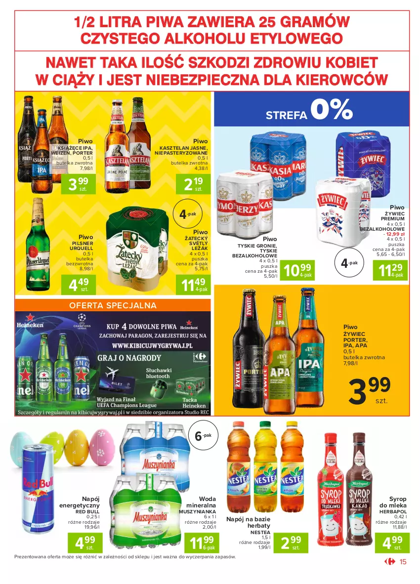 Gazetka promocyjna Carrefour - Gazetka Market - ważna 28.03 do 03.04.2021 - strona 15 - produkty: Fa, Gra, Herbapol, Kasztelan, Książęce, Mus, Muszynianka, Napój, Napój energetyczny, Nestea, Piec, Pilsner Urquell, Piwa, Piwo, Por, Red Bull, Syrop, Tyskie, Woda, Woda mineralna