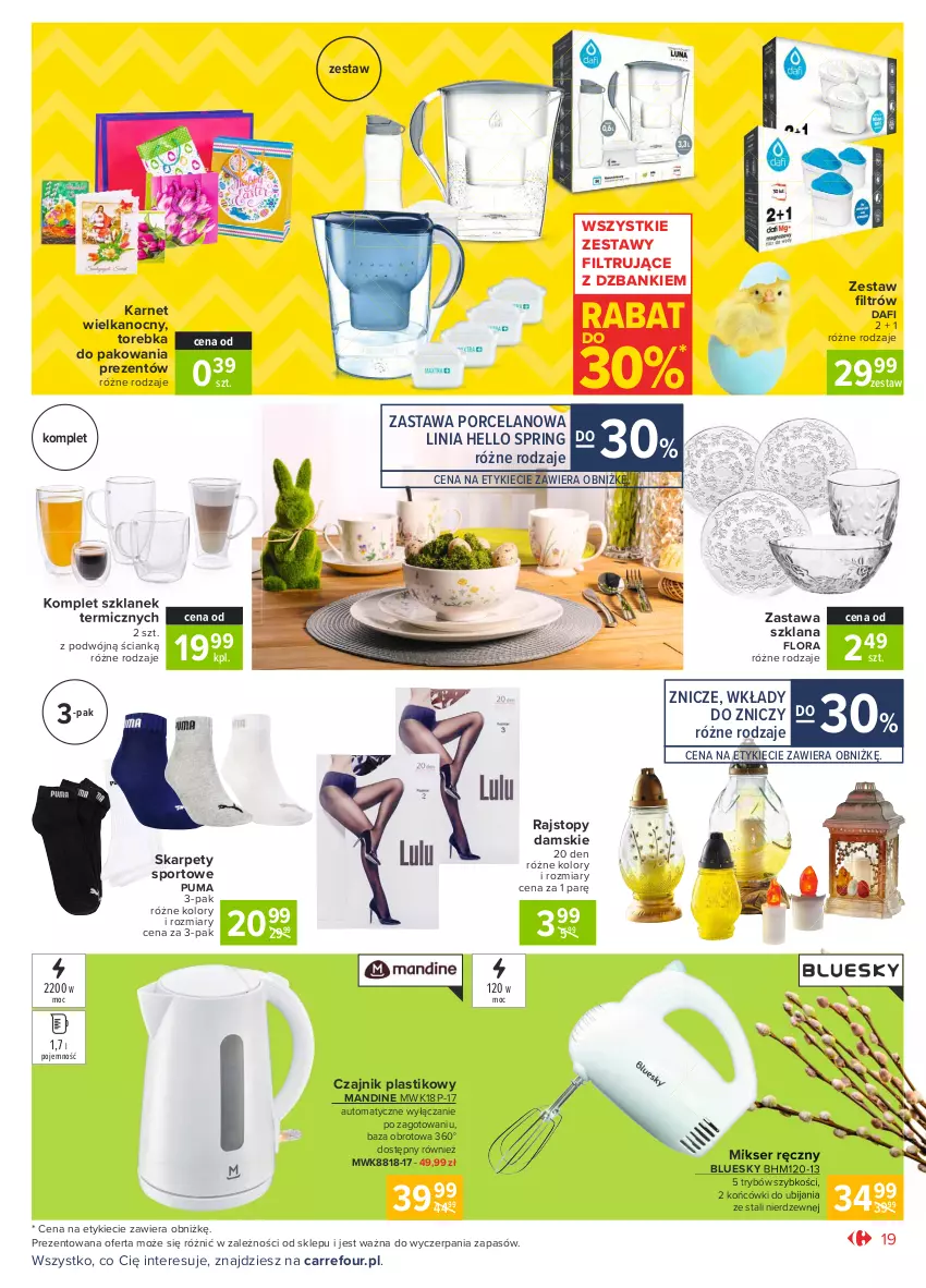 Gazetka promocyjna Carrefour - Gazetka Market - ważna 28.03 do 03.04.2021 - strona 19 - produkty: Czajnik, Flora, Karp, LANA, Mikser, Mikser ręczny, Por, Puma, Rajstopy, Ser, Sport, Top, Torebka, Znicz