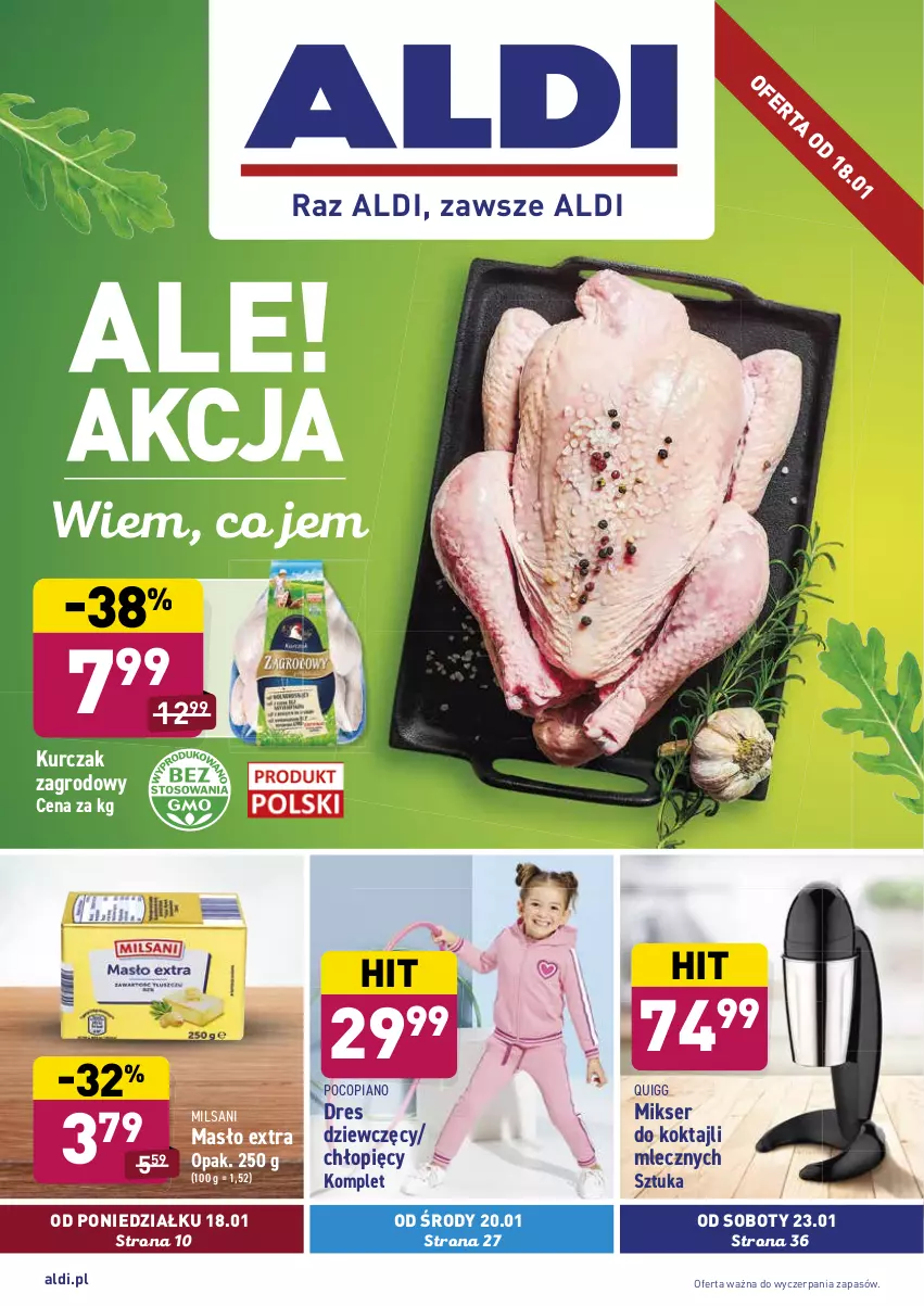 Gazetka promocyjna Aldi - ALE! CENA w ALDI - ważna 18.01 do 23.01.2021 - strona 1 - produkty: Dres, Kurczak, Masło, Mikser, Pocopiano, Ser