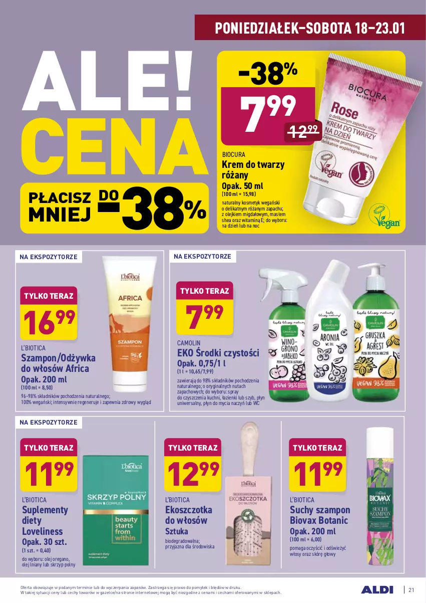 Gazetka promocyjna Aldi - ALE! CENA w ALDI - ważna 18.01 do 23.01.2021 - strona 21 - produkty: Amol, Biovax, Do mycia naczyń, Ekoszczotka, Gin, Gra, Kosz, Krem do twarzy, Odżywka, Olej, Płyn do mycia, Płyn do mycia naczyń, Róża, Skrzyp polny, Spray do czyszczenia, Suchy szampon, Szampon, Szczotka, Szczotka do włosów, Tera