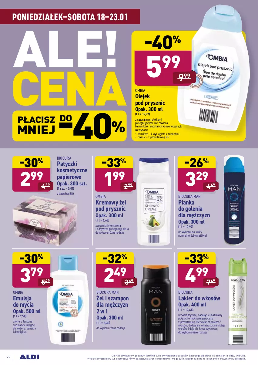 Gazetka promocyjna Aldi - ALE! CENA w ALDI - ważna 18.01 do 23.01.2021 - strona 22 - produkty: Emulsja, Emulsja do mycia, Gin, Klej, Lakier, Lakier do włosów, Olej, Olejek pod prysznic, Papier, Patyczki kosmetyczne, Pianka do golenia, Rum, Ser, Szampon