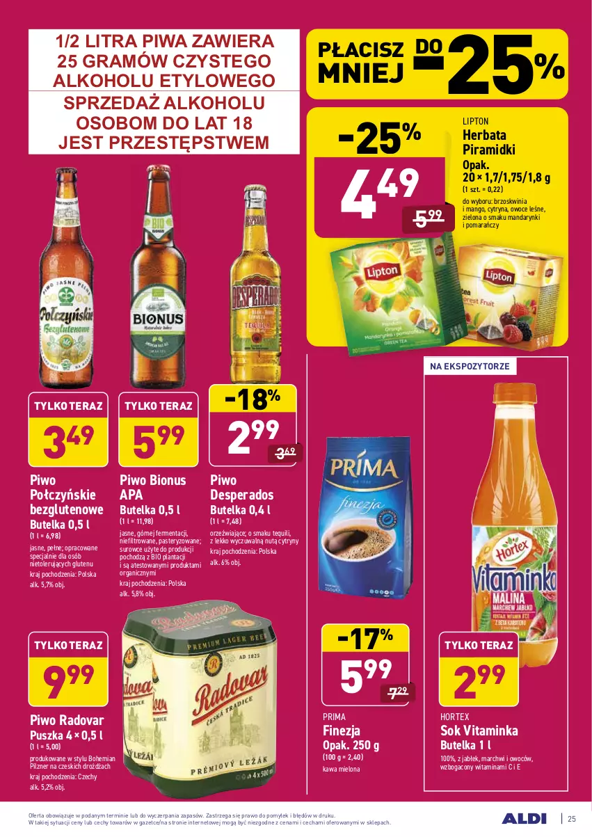 Gazetka promocyjna Aldi - ALE! CENA w ALDI - ważna 18.01 do 23.01.2021 - strona 25 - produkty: Cytryny, Desperados, Gra, Herbata, Hortex, Inka, Kawa, Kawa mielona, Lipton, Mandarynki, Mango, Owoce, Piwa, Piwo, Prima, Sok, Tera