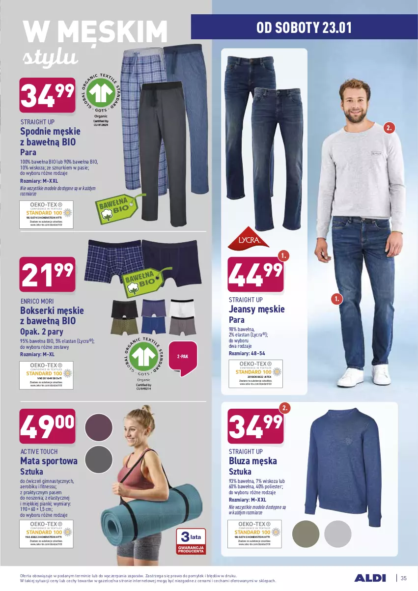 Gazetka promocyjna Aldi - ALE! CENA w ALDI - ważna 18.01 do 23.01.2021 - strona 35 - produkty: Bluza, Bokserki, Mata sportowa, Por, Ser, Spodnie, Sport, Wełna