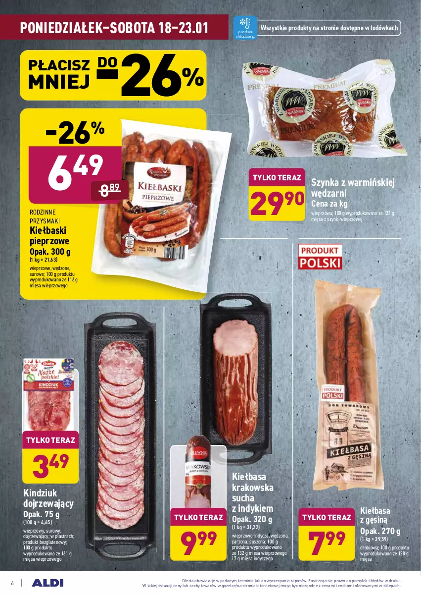 Gazetka promocyjna Aldi - ALE! CENA w ALDI - ważna 18.01 do 23.01.2021 - strona 6 - produkty: Kiełbasa, Kiełbasa krakowska, Kiełbaski pieprzowe, Kindziuk, Lodówka, Pieprz, Przysmaki, Szynka, Tera