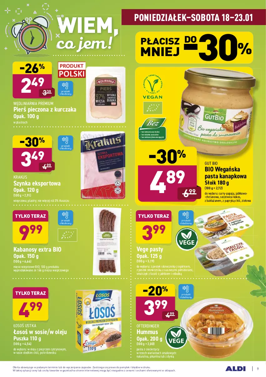 Gazetka promocyjna Aldi - ALE! CENA w ALDI - ważna 18.01 do 23.01.2021 - strona 9 - produkty: Chrzan, Dynią, Fa, Hummus, Kabanos, Kokos, Krakus, Kurczak, Mięso, Mięso wieprzowe, Mus, Olej, Papaja, Piec, Pieprz, Por, Ser, Sos, Sport, Stek, Szynka, Tera