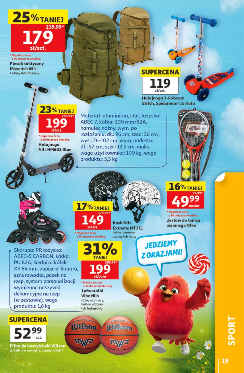 Gazetka promocyjna Auchan - Gazetka 30 Lat Hipermarket Auchan - ważna 21.05 do 27.05.2026 - strona 19 - produkty: Hulajnoga, Kask, Mule, Noż, Pasek, Plecak, Rolki, Spiderman, Waga