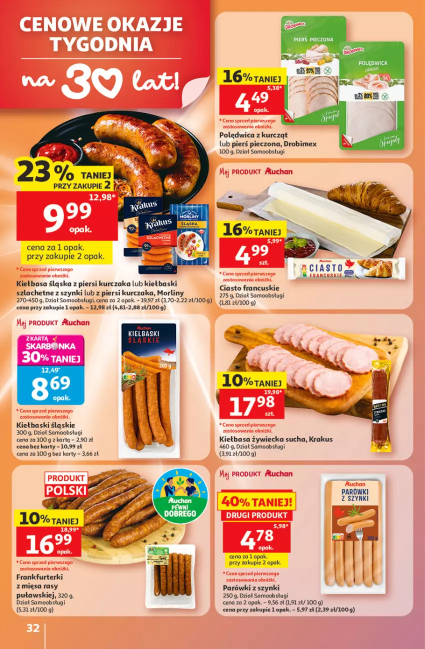 Gazetka promocyjna Auchan - Gazetka 30 Lat Hipermarket Auchan - ważna 21.05 do 27.05.2026 - strona 32 - produkty: Drobimex, Frankfurterki, Kiełbasa, Kiełbasa śląska, Kiełbaski śląskie, Krakus, Kurczak, Morliny, Parówki, Parówki z szynki, Piec, Polędwica