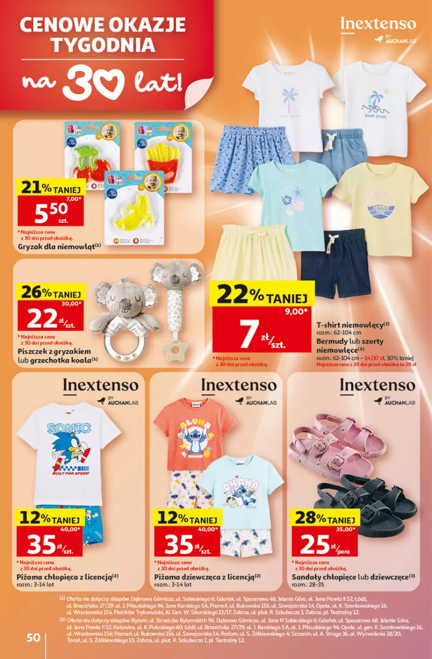 Gazetka promocyjna Auchan - Gazetka 30 Lat Hipermarket Auchan - ważna 21.05 do 27.05.2026 - strona 50 - produkty: Bermudy, Gry, Piżama, Sandał, Szorty, T-shirt