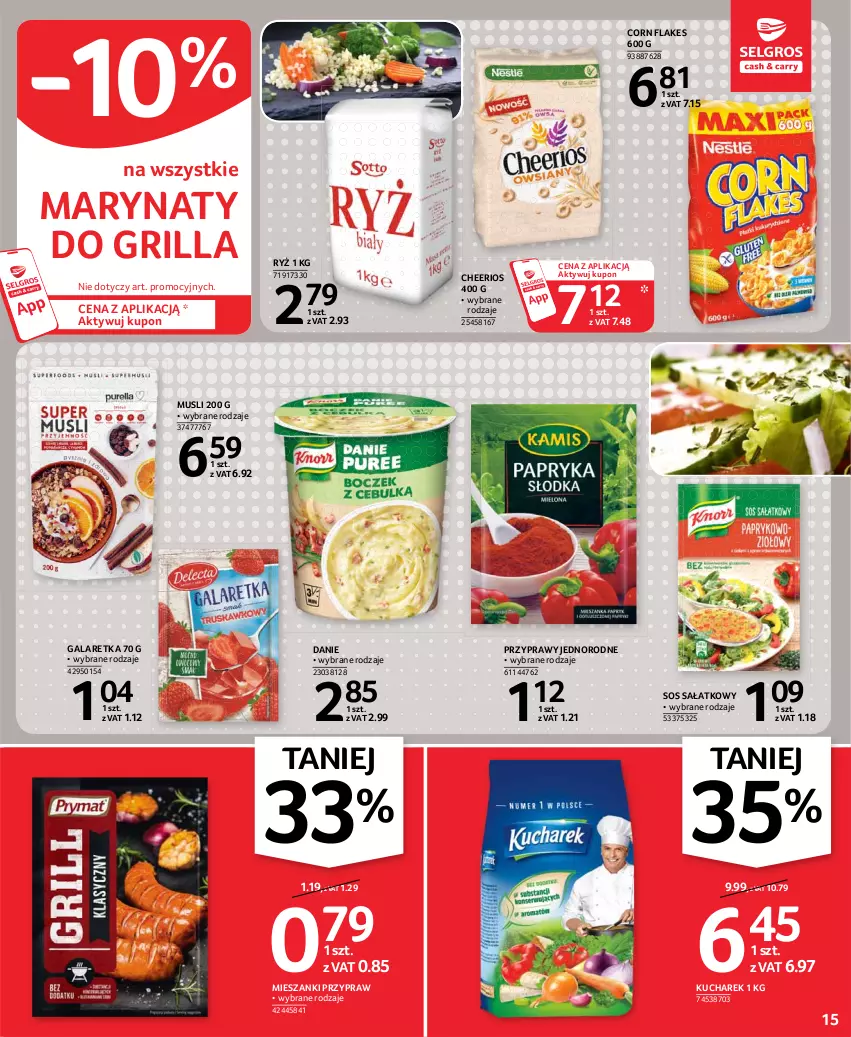 Gazetka promocyjna Selgros - Oferta spożywcza - ważna 13.05 do 26.05.2021 - strona 15 - produkty: Cheerios, Corn flakes, Gala, Galaretka, Grill, Kucharek, Mus, Przyprawy, Ryż, Sałat, Sos