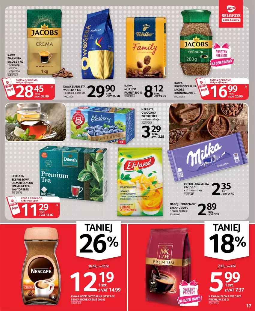 Gazetka promocyjna Selgros - Oferta spożywcza - ważna 13.05 do 26.05.2021 - strona 17 - produkty: BIC, Czekolada, Dilmah, Fa, Herbata, Herbata owocowa, Jacobs, Jacobs Krönung, Kawa, Kawa mielona, Kawa rozpuszczalna, Kawa ziarnista, Milka, Napój, Nescafé, Woseba