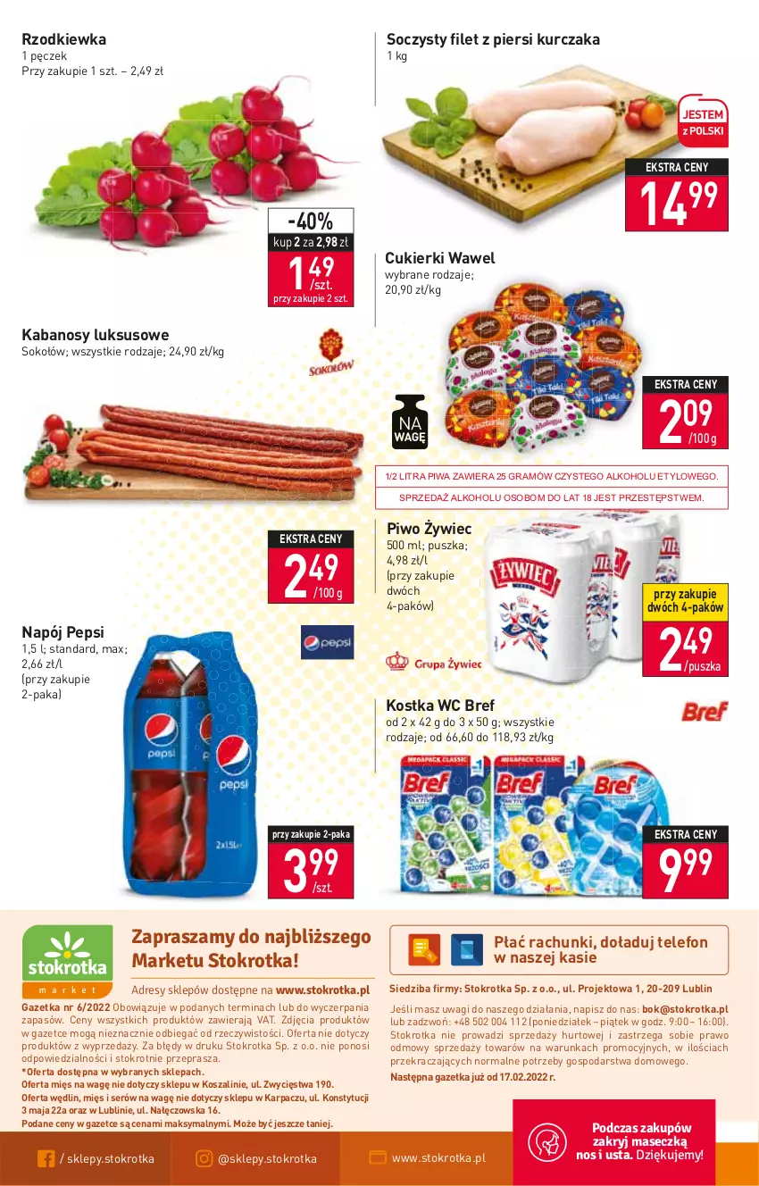 Gazetka promocyjna Stokrotka - Market - ważna 10.02 do 16.02.2022 - strona 12 - produkty: Bref, Cukier, Cukierki, Filet z piersi kurczaka, Gra, Kabanos, Karp, Kosz, Kurczak, Napój, O nas, Pepsi, Piwa, Piwo, Rzodkiewka, Ser, Sok, Sokołów, Szal, Telefon, Wagi, Wawel