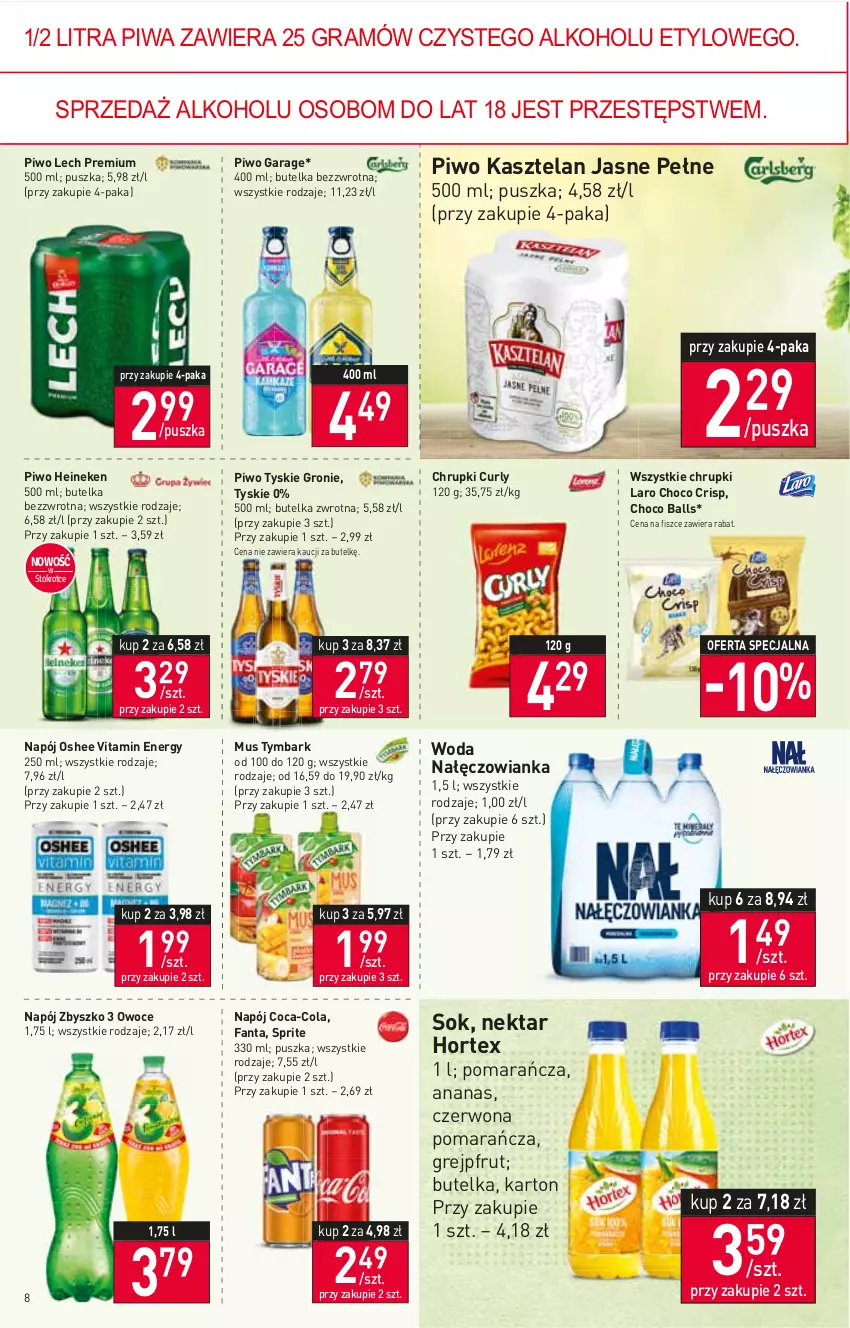 Gazetka promocyjna Stokrotka - Market - ważna 10.02 do 16.02.2022 - strona 8 - produkty: Ananas, Chrupki, Coca-Cola, Fa, Fanta, Gra, Grejpfrut, Heineken, Hortex, Kasztelan, Lech Premium, Mus, Nałęczowianka, Napój, Nektar, Oshee, Owoce, Piwa, Piwo, Sok, Sprite, Tymbark, Tyskie, Woda