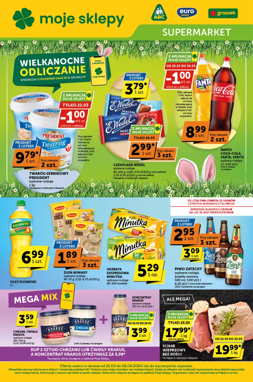 Gazetka promocyjna ABC - ważna 21.03 do 02.04.2024 - strona 1 - produkty: Chrzan, Coca-Cola, Czekolada, Fa, Fanta, Gin, Gra, Herbata, Krakus, Kujawski, Napój, Olej, Piwa, Piwo, Ser, Sprite, Twaróg, Winiary, Zupa