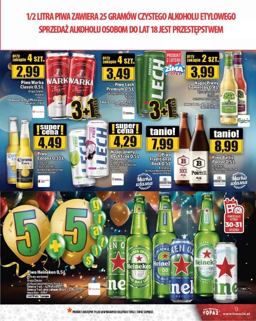 Gazetka promocyjna Topaz - Gazetka - ważna 27.12 do 31.12.2024 - strona 9 - produkty: Coca-Cola, Fa, Gra, Heineken, Piwa, Piwo, Por, Somersby, Top, Warka