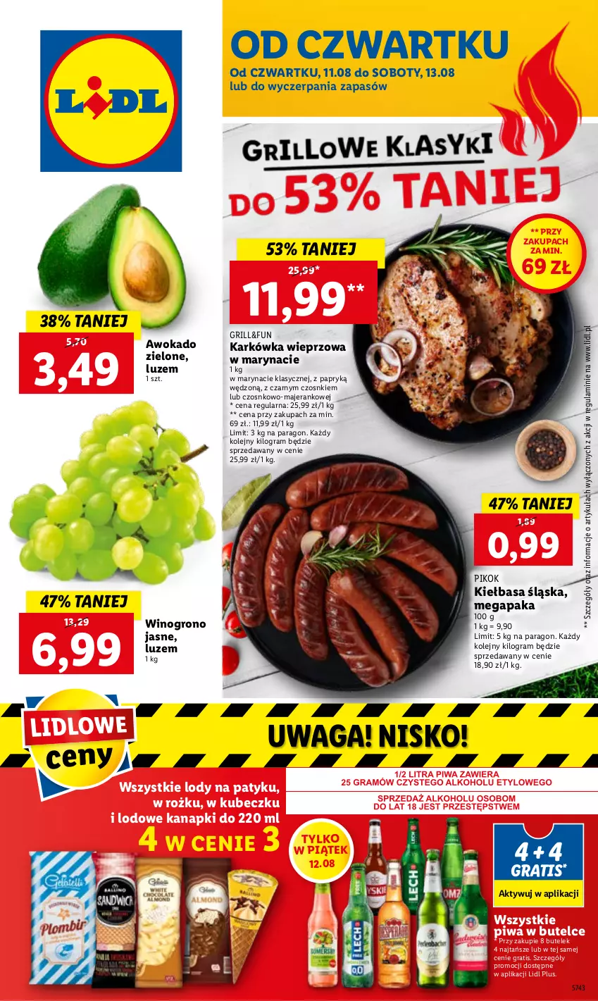 Gazetka promocyjna Lidl - GAZETKA - ważna 11.08 do 13.08.2022 - strona 1 - produkty: Gra, Grill, Karkówka wieprzowa, Kiełbasa, Kiełbasa śląska, Lody, Olej, PIKOK, Piwa, Waga, Wino