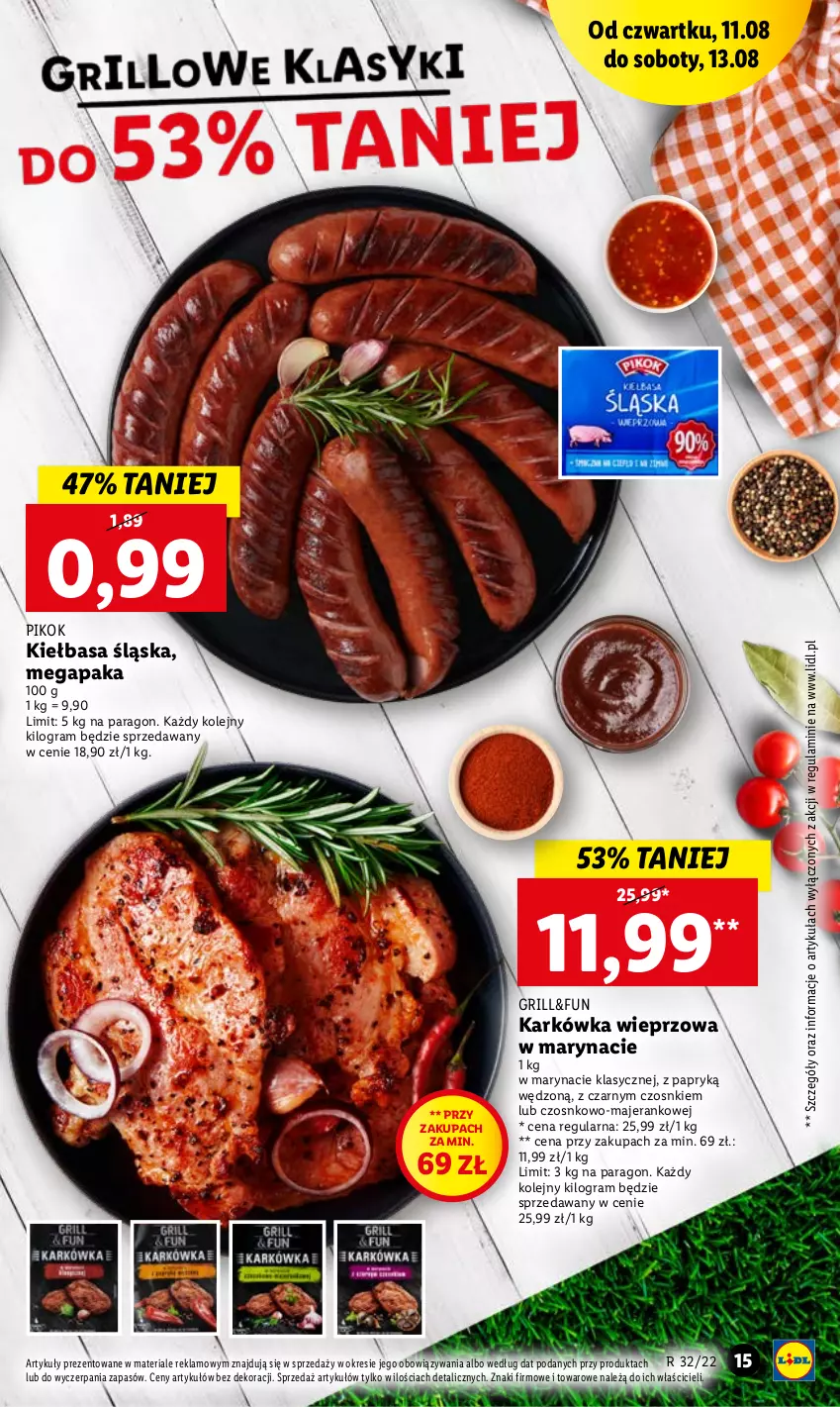 Gazetka promocyjna Lidl - GAZETKA - ważna 11.08 do 13.08.2022 - strona 15 - produkty: Gra, Grill, Karkówka wieprzowa, Kiełbasa, Kiełbasa śląska, Olej, PIKOK