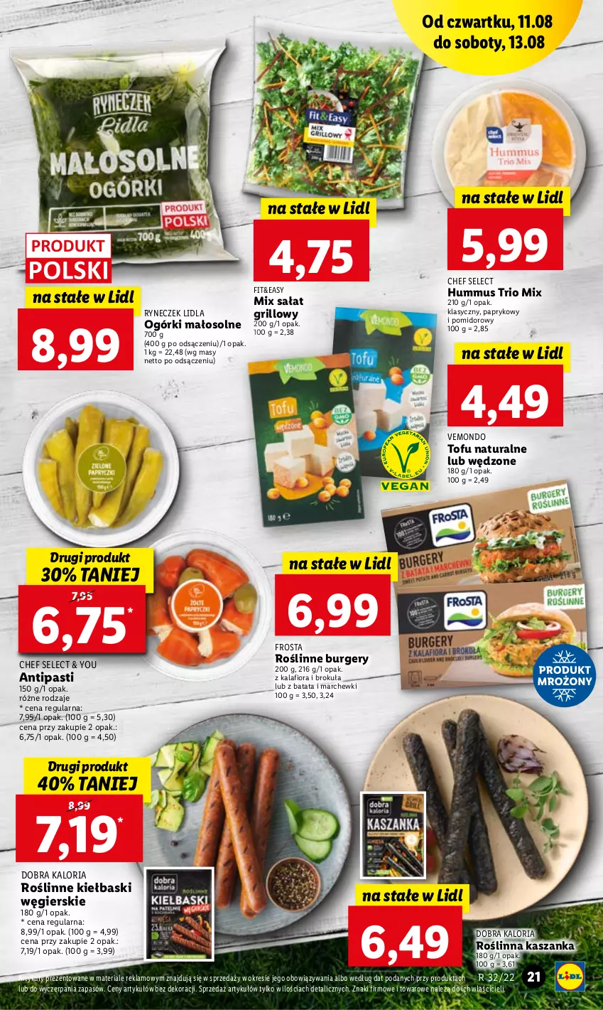 Gazetka promocyjna Lidl - GAZETKA - ważna 11.08 do 13.08.2022 - strona 21 - produkty: Burger, Frosta, Grill, Hummus, Kalafior, Kasza, Kaszanka, Mus, Sałat, Tofu