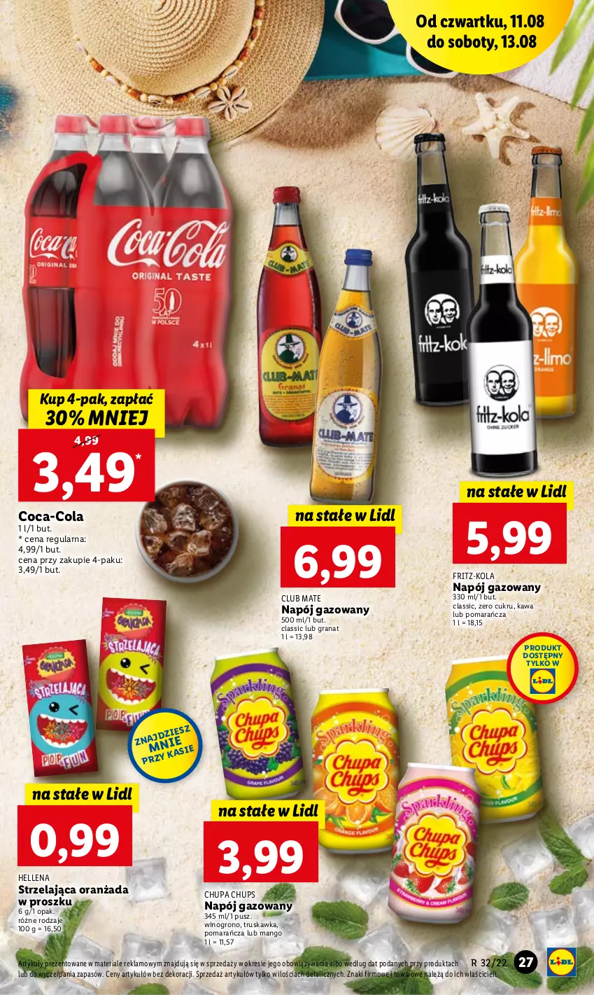 Gazetka promocyjna Lidl - GAZETKA - ważna 11.08 do 13.08.2022 - strona 27 - produkty: Chupa Chups, Coca-Cola, Gra, Granat, Hellena, Kawa, Mango, Napój, Napój gazowany, Oranżada, Wino