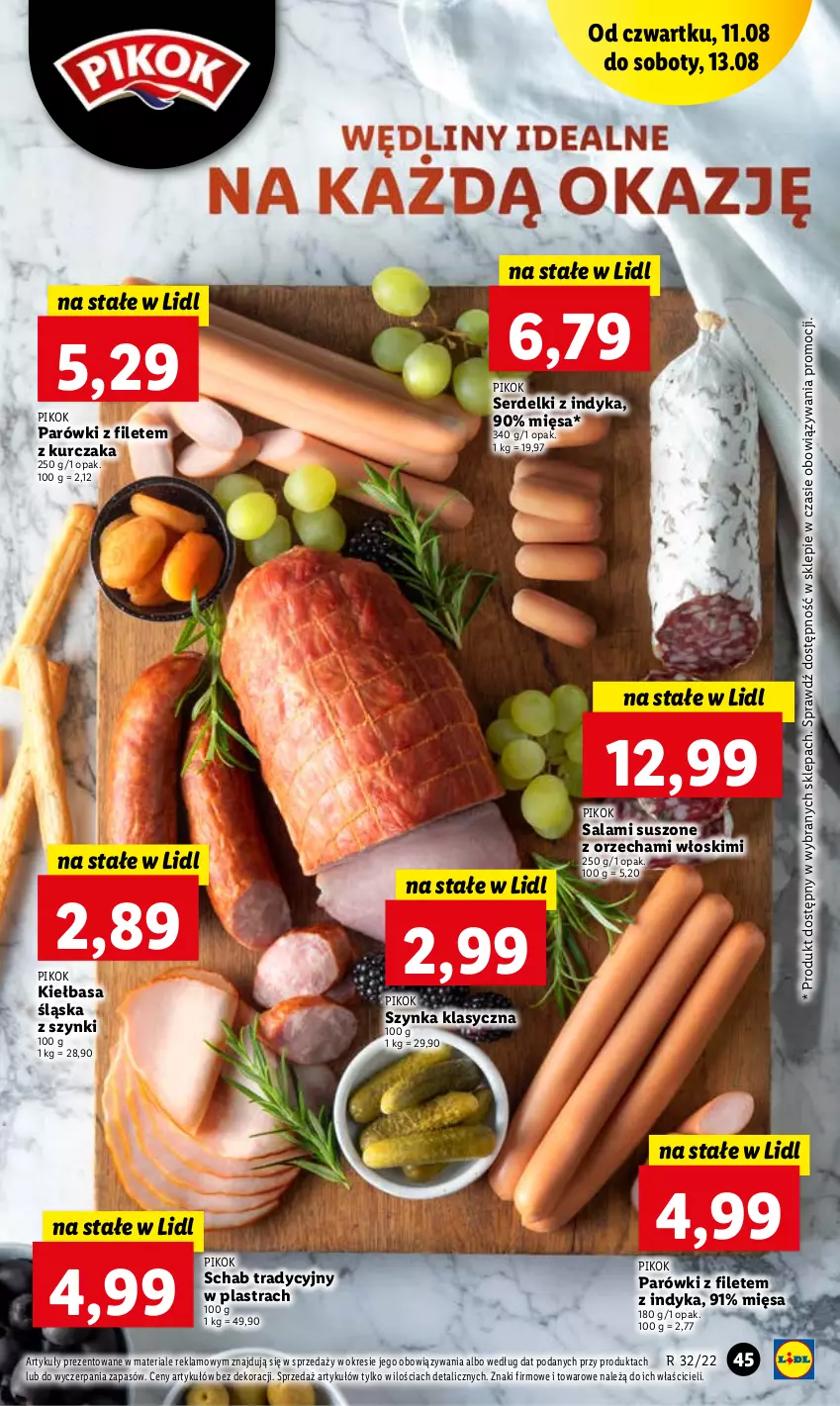 Gazetka promocyjna Lidl - GAZETKA - ważna 11.08 do 13.08.2022 - strona 45 - produkty: Kiełbasa, Kiełbasa śląska, Kurczak, Parówki, PIKOK, Salami, Ser, Serdelki, Szynka