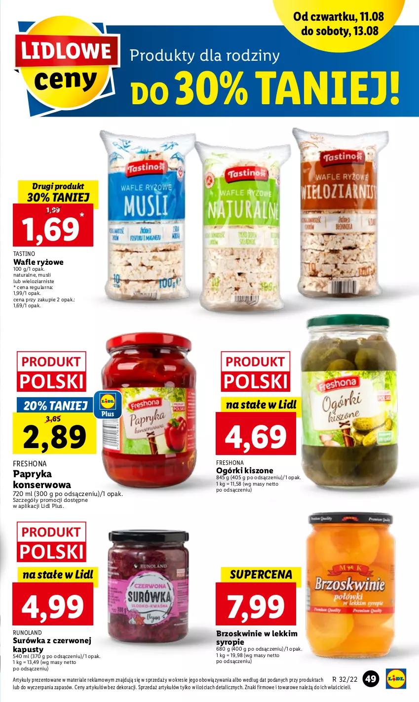 Gazetka promocyjna Lidl - GAZETKA - ważna 11.08 do 13.08.2022 - strona 49 - produkty: Brzoskwinie, Mus, Papryka, Runoland, Ryż, Ser, Surówka, Syrop, Wafle