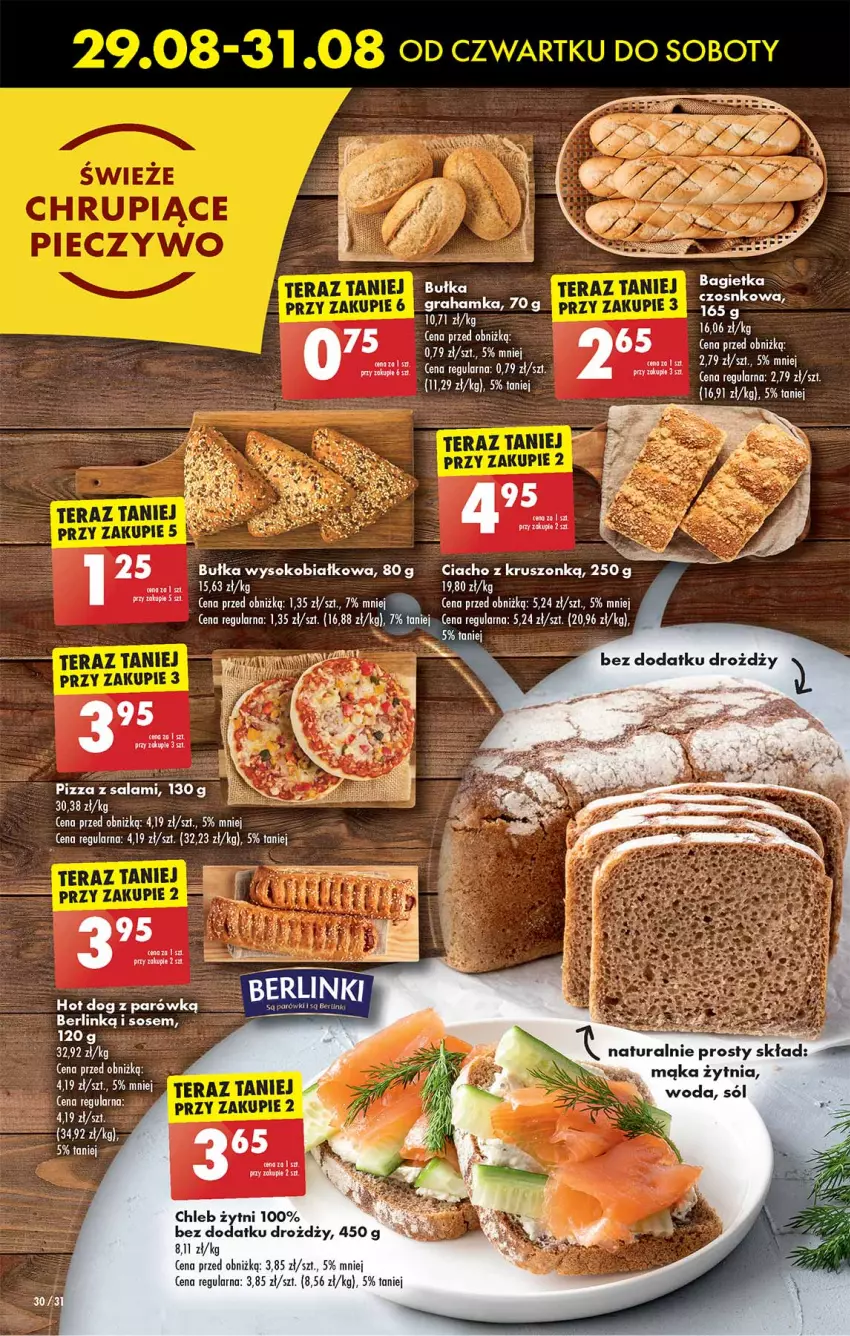 Gazetka promocyjna Biedronka - Od czwartku - ważna 29.08 do 04.09.2024 - strona 30 - produkty: Bagietka, Bułka, Chleb, Gin, Hot dog, Pizza, Salami, Sok, Sól, Sos, Woda