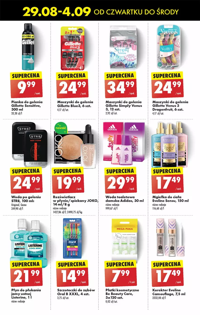 Gazetka promocyjna Biedronka - Od czwartku - ważna 29.08 do 04.09.2024 - strona 51 - produkty: Adidas, Be Be, Eveline, Fa, Gillette, Gillette Venus, Gin, Listerine, Oral B, Pianka do golenia, Płatki kosmetyczne, Płyn do płukania, Płyn do płukania jamy ustnej, Rozświetlacz, Str8, Venus, Woda, Woda po goleniu, Woda toaletowa