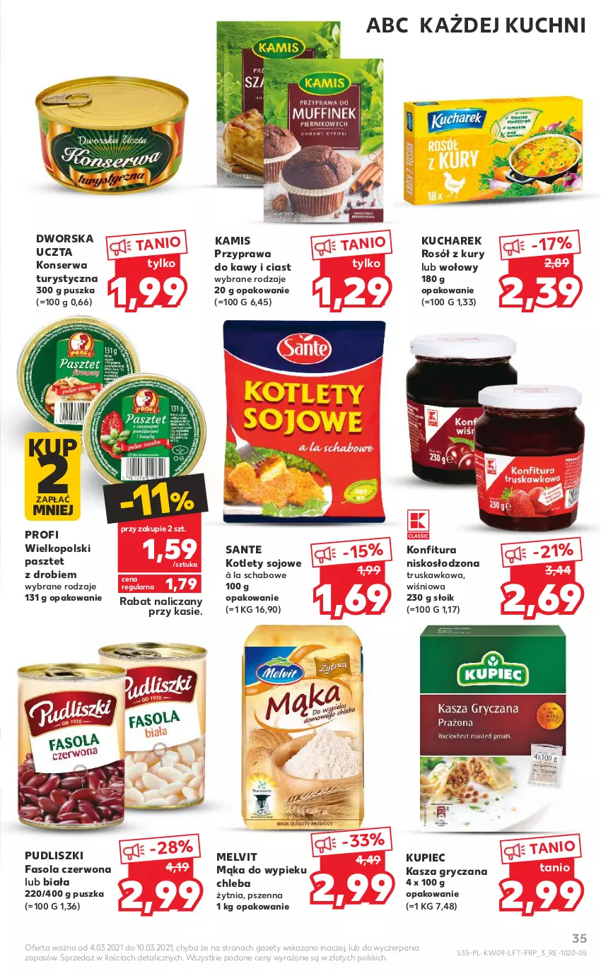 Gazetka promocyjna Kaufland - OFERTA TYGODNIA - ważna 04.03 do 10.03.2021 - strona 35 - produkty: Chleb, Fa, Fasola, Gry, Kamis, Kasza, Kasza gryczana, Konfitura, Konserwa turystyczna, Kotlet, Kucharek, Kupiec, Mąka, Melvit, Pasztet, Piec, Pudliszki, Rosół, Sante, Ser