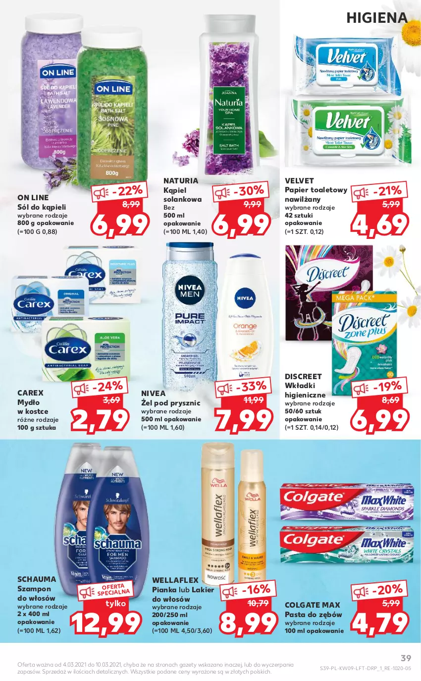 Gazetka promocyjna Kaufland - OFERTA TYGODNIA - ważna 04.03 do 10.03.2021 - strona 39 - produkty: Colgate, Discreet, Lakier, Lakier do włosów, LG, Mydło, Nivea, Papier, Papier toaletowy, Pasta do zębów, Schauma, Sól, Sól do kąpieli, Solan, Szampon, Velvet, Wella, Wellaflex, Wkładki