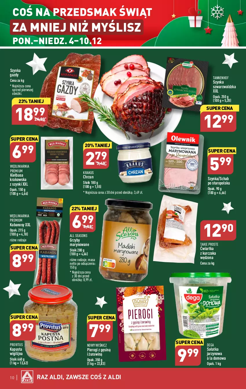 Gazetka promocyjna Aldi - Pełna oferta - ważna 04.12 do 10.12.2023 - strona 10 - produkty: All Seasons, Chrzan, Dega, Grzyby, Grzyby marynowane, Kabanos, Kiełbasa, Kiełbasa krakowska, Krakus, Kurczak, Pierogi, Sałat, Sałatka, Szynka