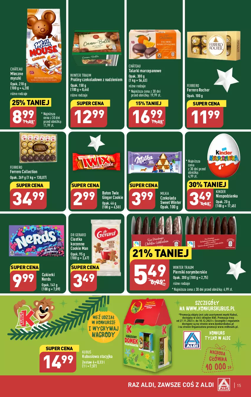 Gazetka promocyjna Aldi - Pełna oferta - ważna 04.12 do 10.12.2023 - strona 15 - produkty: Baton, Ciastka, Cukier, Cukierki, Czekolada, Dr Gerard, Ferrero, Ferrero Rocher, Gin, Kinder, Kubuś, Milka, Mysz, Piernik, Praliny, Twix