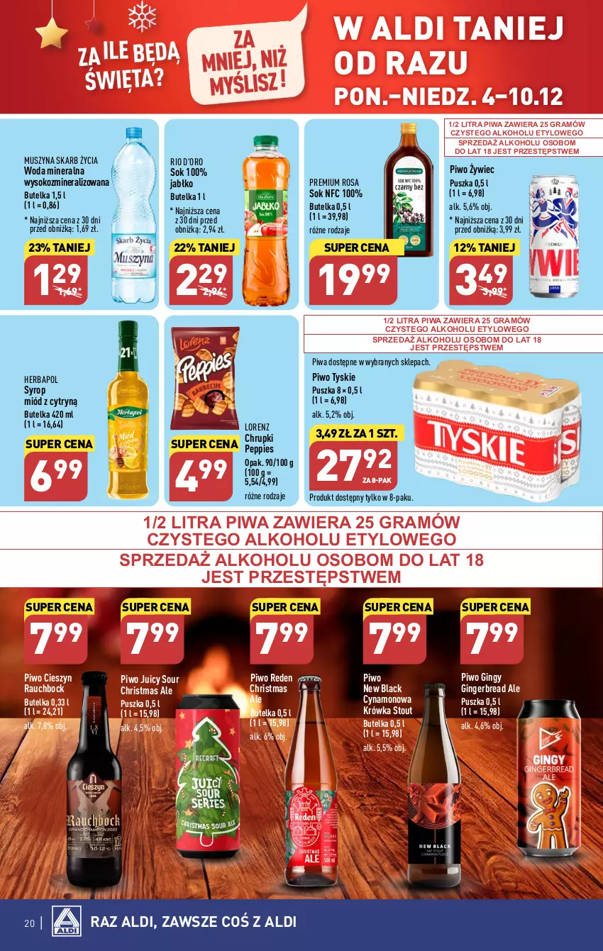 Gazetka promocyjna Aldi - Pełna oferta - ważna 04.12 do 10.12.2023 - strona 20 - produkty: Chrupki, Gin, Gra, Herbapol, Lack, Lorenz, Miód, Mus, Piwa, Piwo, Sok, Syrop, Szyna, Tyskie, Woda, Woda mineralna