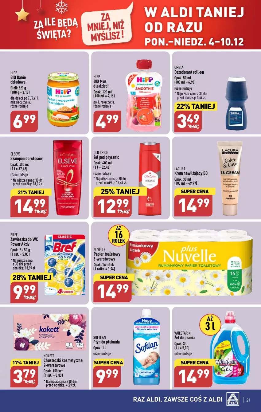 Gazetka promocyjna Aldi - Pełna oferta - ważna 04.12 do 10.12.2023 - strona 21 - produkty: Bref, Chusteczki, Chusteczki kosmetyczne, Dezodorant, Dzieci, Elseve, HiPP, Hipp Bio, Krem nawilżający, Mus, Old Spice, Papier, Papier toaletowy, Płyn do płukania, Szampon, Zawieszka do wc