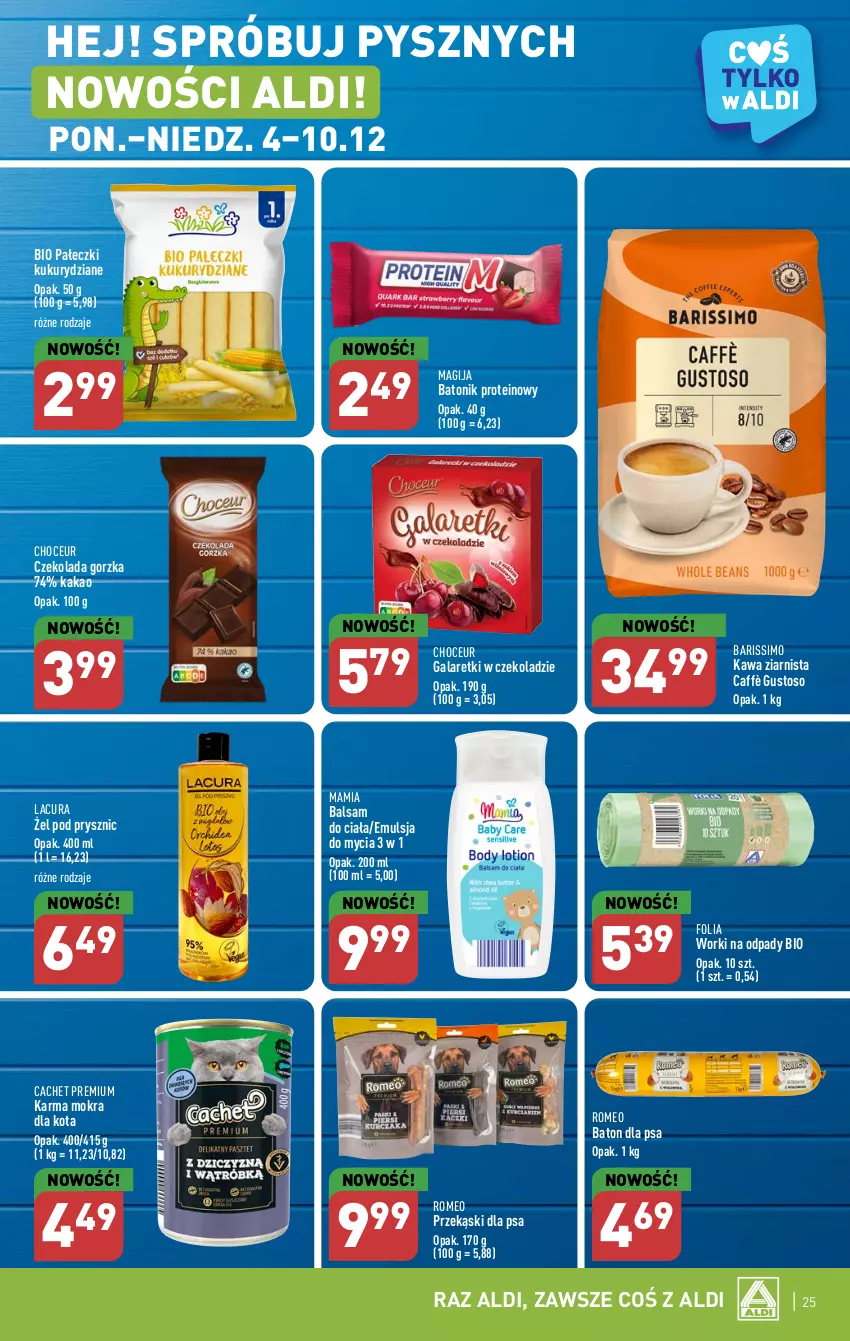 Gazetka promocyjna Aldi - Pełna oferta - ważna 04.12 do 10.12.2023 - strona 25 - produkty: Balsam do ciała, Baton, Baton dla psa, Czekolada, Czekolada gorzka, Emulsja, Emulsja do mycia, Gala, Galaretki, Kakao, Kawa, Kawa ziarnista, Magija, Przekąski dla psa, Tonik