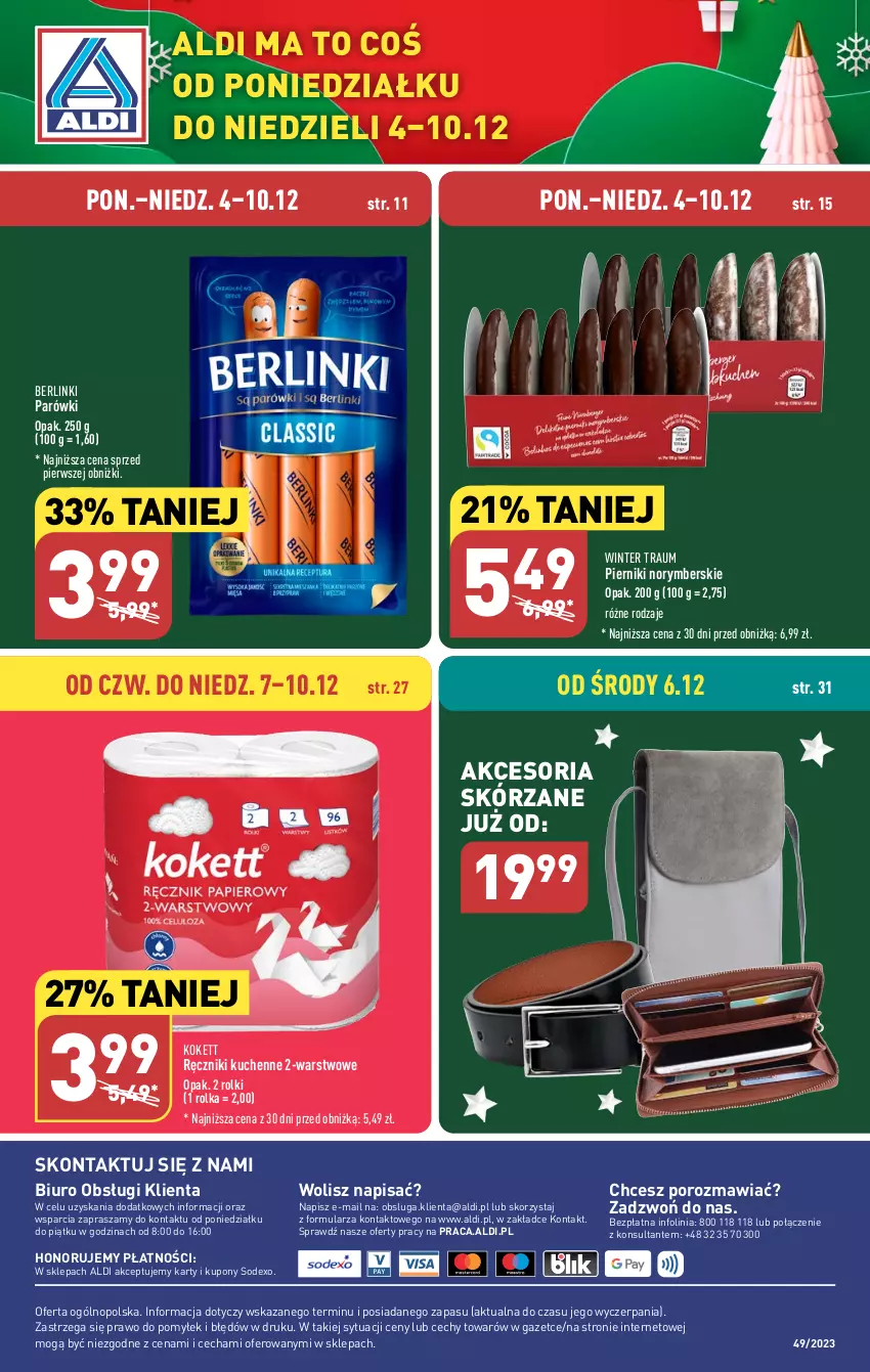 Gazetka promocyjna Aldi - Pełna oferta - ważna 04.12 do 10.12.2023 - strona 40 - produkty: Berlinki, Biuro, O nas, Parówki, Piernik, Por, Ręcznik, Rolki