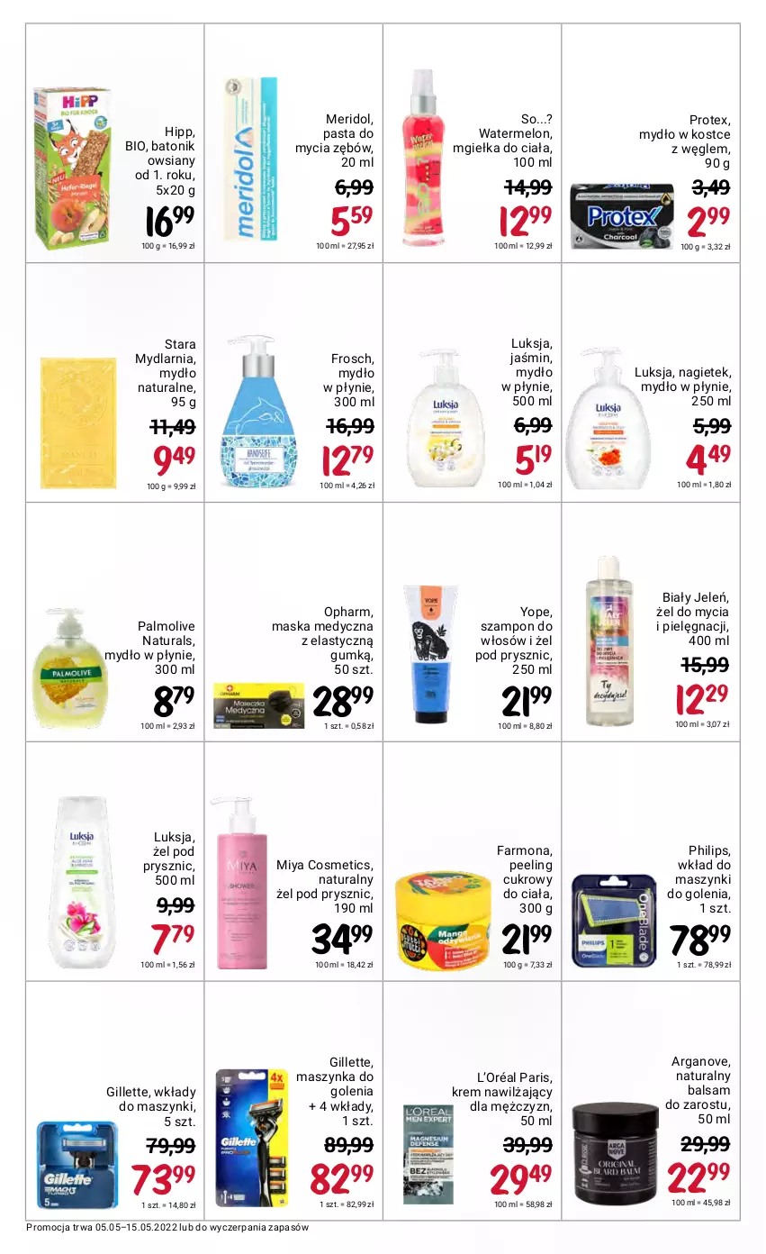 Gazetka promocyjna Rossmann - ważna 05.05 do 15.05.2022 - strona 38 - produkty: Baton, Biały Jeleń, Fa, Frosch, Gillette, HiPP, Krem nawilżający, L’Oréal, Luksja, Maska, Maska medyczna, Maszynka, Maszynka do golenia, Melon, Miya Cosmetics, Mydło, Mydło w płynie, Palmolive, Peeling, Philips, Szampon, Szynka, Tonik, Yope