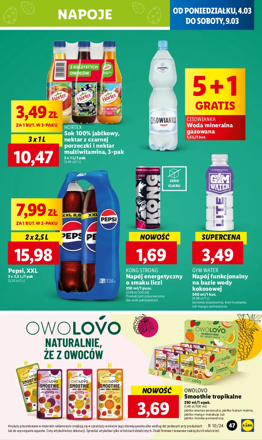 Gazetka promocyjna Lidl - GAZETKA - ważna 04.03 do 06.03.2024 - strona 51 - produkty: Ananas, Borówka, Cisowianka, Gra, Hortex, Kiwi, Kokos, Liczi, Mango, Morela, Napój, Napój energetyczny, Napoje, Nektar, Pepsi, Por, Smoothie, Sok, Woda, Woda mineralna