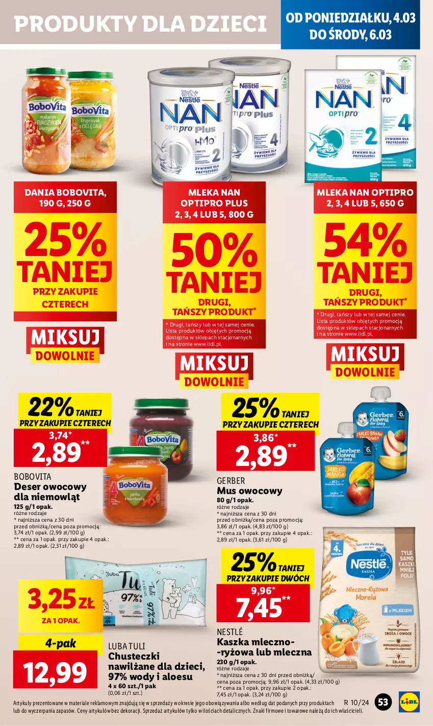 Gazetka promocyjna Lidl - GAZETKA - ważna 04.03 do 06.03.2024 - strona 61 - produkty: BoboVita, Chusteczki, Deser, Deser owocowy, Dzieci, Gerber, Mus, NAN Optipro, Nestlé, Ryż, Ser